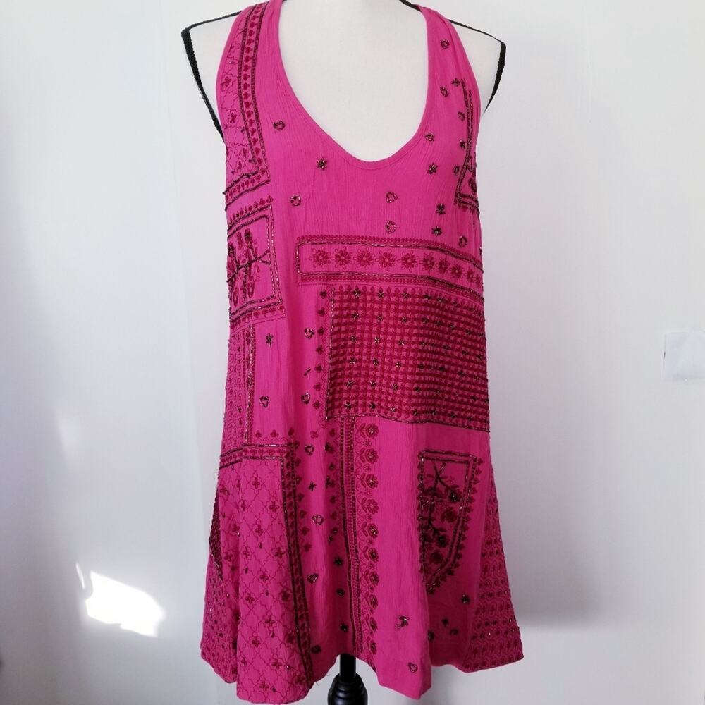 Free People Women's Country Nights Swing Mini Dress - Hot Pink Beaded Size S